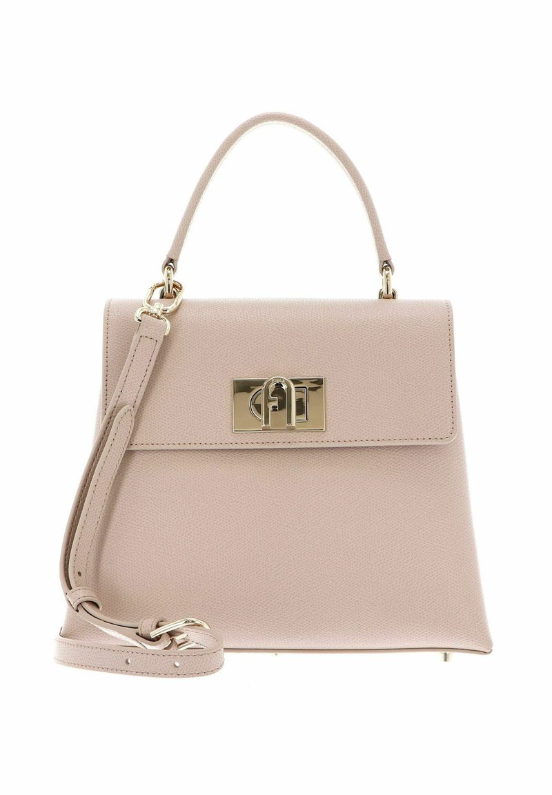 Borsa a mano in pelle rosa chiaro con un design strutturato, hardware in oro con lucchetto e tracolla removibile. Presenta un manico superiore e una texture delicata.