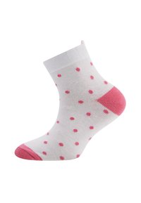 Weißer Knöchelsocke mit rosa Punkten, mit einer pinken Ferse und Zehen. Hergestellt aus einem Stoff mit einer weichen, strukturierten Oberfläche.