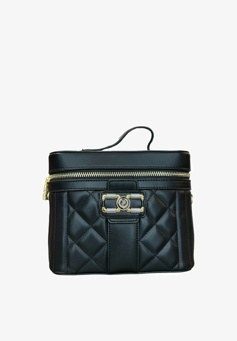 Zwarte doorgestikte leren handtas met gouden rits en decoratieve goudkleurige en zilverkleurige gesp aan de voorkant, kleine handgreep bovenop.