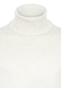 Sweter w kolorze kremowym z golfem, wykonany z dzianiny ribbed; charakteryzuje się wysokim dekoltem oraz gładką teksturą.