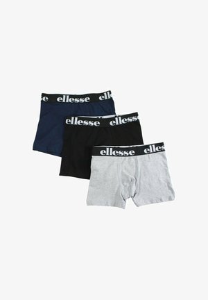 Trois boxers pour hommes en marine, noir et gris avec des tailles élastiques noires portant la marque blanche « ellesse ».