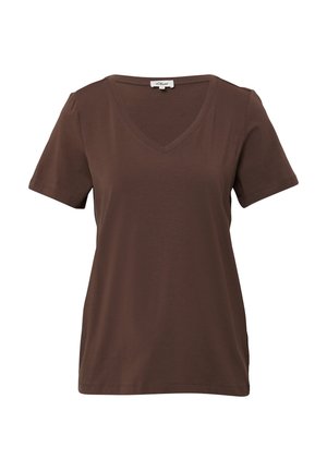 Brown cotton t-shirt with a v-neck, short sleeves, and a relaxed fit. Smooth texture and simple design with no patterns or accents.