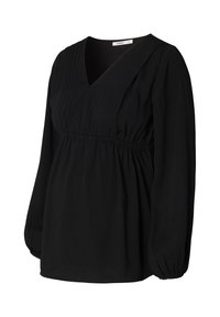 Sort bluse med lange ærmer, v-hals og gathersyninger i taljen. Fremstillet af glat stof med pintuck-detaljer på bryststykket.