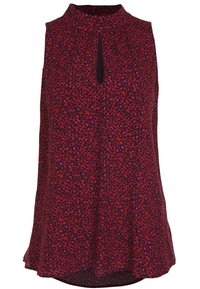 Sleeveless red blouse with pink and black leopard print, high neckline with small front keyhole cutout, loose fit with slight flare.