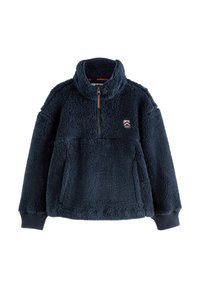 Pull-over en polaire bleu marine avec col haut, demi-fermeture éclair à l'avant, surface texturée, poignets côtelés et poche avant avec un patch de marque.