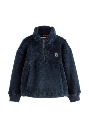 Pull-over en polaire bleu marine avec col haut, demi-fermeture éclair à l'avant, surface texturée, poignets côtelés et poche avant avec un patch de marque.