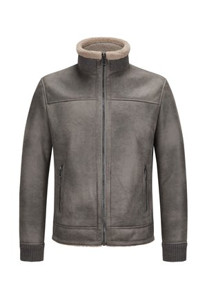 Graue Zip-up-Jacke mit weichem, mit Fleece gefüttertem Kragen und Bündchen, zwei seitlichen Reißverschlusstaschen, aus wildlederähnlichem Material.