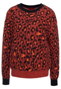 Leopardprint trui in rode en oranje tinten met een zachte textuur, geribde zwarte kraag en manchetten. Losse pasvorm met een jeugdige uitstraling.