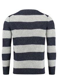 Ein gestrickter Pullover mit abwechselnd navyblauen und hellgrauen horizontalen Streifen, texturiertem Muster, Rundhalsausschnitt und langen Ärmeln.