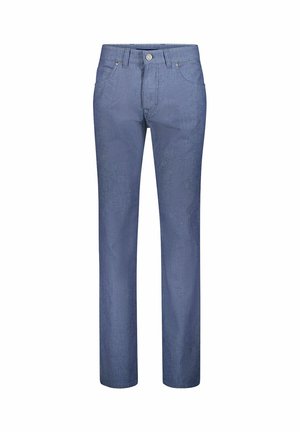 Blaue Hose mit geradem Bein, Vordertaschen, Gürtelschlaufen und Knopfverschluss, dargestellt vor weißem Hintergrund.