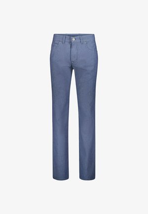 Blaue Hose mit geradem Bein, Vordertaschen, Gürtelschlaufen und Knopfverschluss, dargestellt vor weißem Hintergrund.