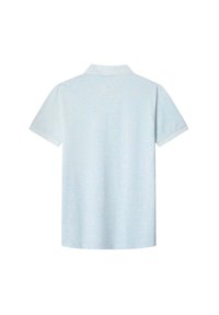 Ljusblå kortärmad polo med krage, visad bakifrån på en vit bakgrund.