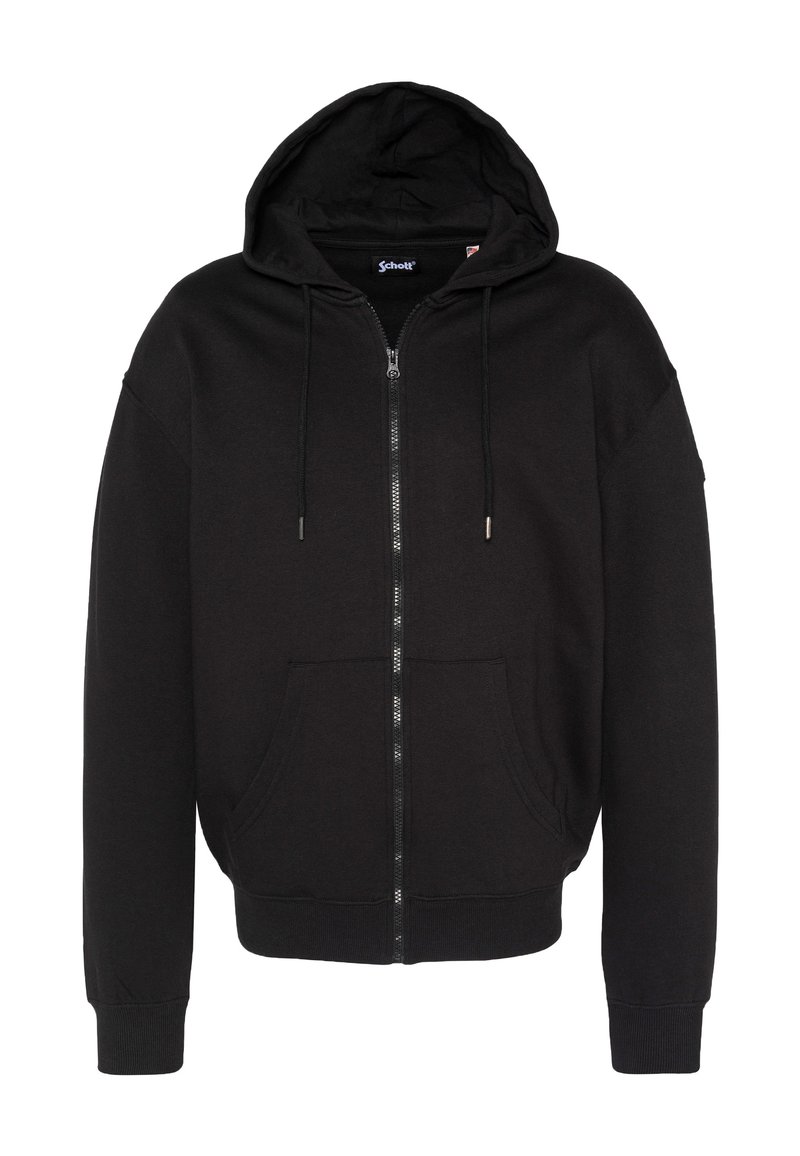 Sudadera con capucha negra y cremallera, confeccionada en tejido suave, con capucha ajustable mediante cordones, bolsillos delanteros y puños y dobladillo acanalados. Diseño sencillo y funcional.