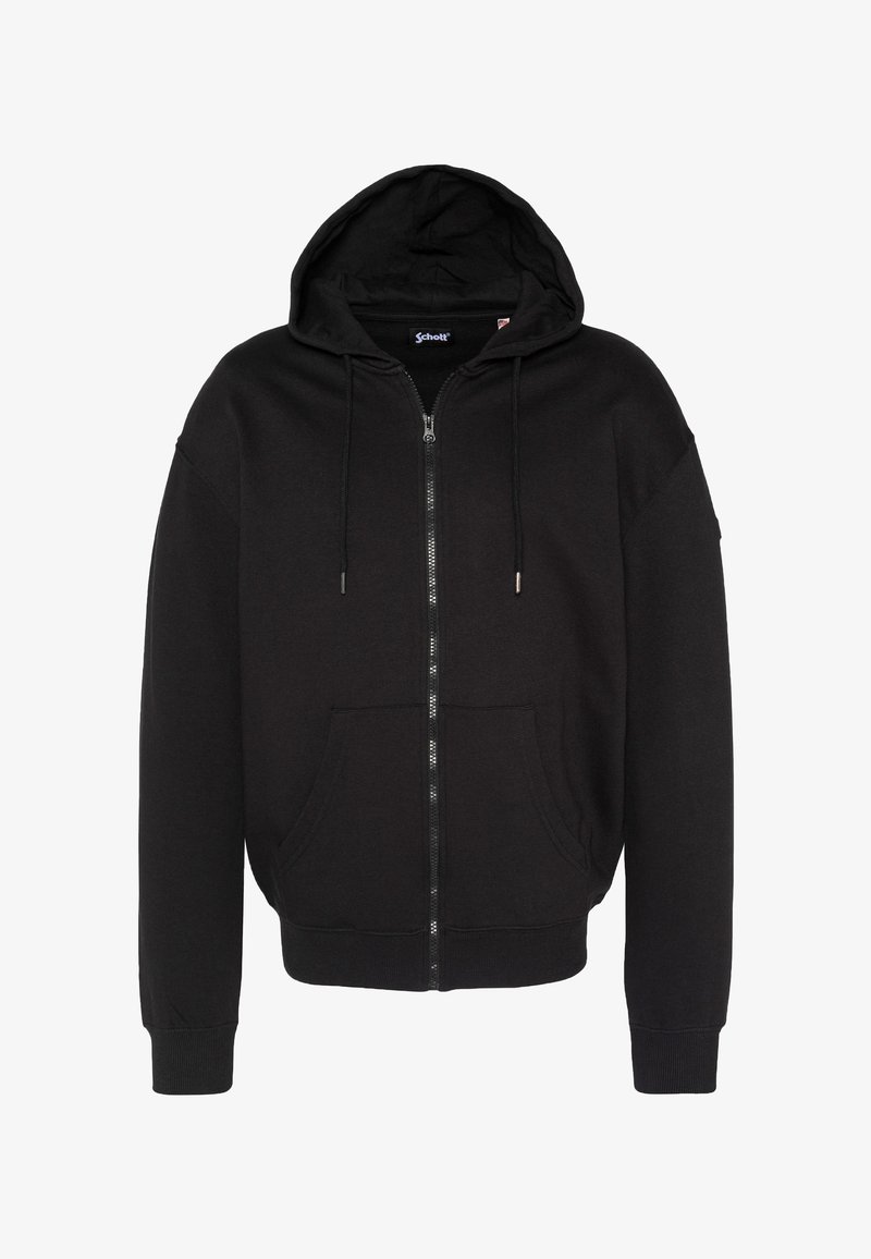 Sudadera con capucha negra y cremallera, confeccionada en tejido suave, con capucha ajustable mediante cordones, bolsillos delanteros y puños y dobladillo acanalados. Diseño sencillo y funcional.