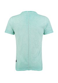 T-shirt mint verde a maniche corte, tessuto leggero, scollatura rotonda, cuciture visibili al centro, etichetta sul lato sinistro inferiore.