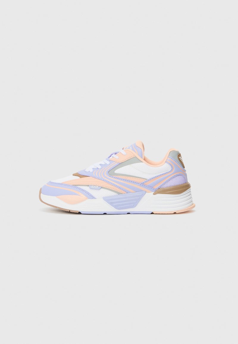 Sporty sneakers featuring a mix of white, pastel pink, and lavender. Mesh and synthetic material, textured accents, and a chunky sole design.