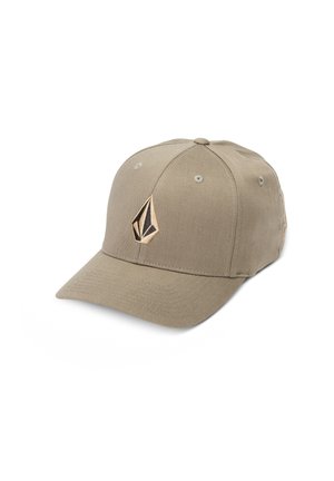 Khaki baseball cap made of cotton blend fabric, featuring a stitched logo in bronze, curved visor, and six-panel design with ventilation holes.