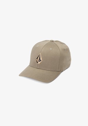Cappellino da baseball khaki realizzato in tessuto misto cotone, con logo ricamato in bronzo, visiera curva e design a sei pannelli con fori di ventilazione.