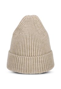Béžová pletená čepice s žebrovanou strukturou, s ohrnutým lemem a špičatým vrchem. Měkký materiál pro teplo a pohodlí.