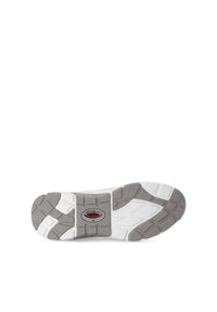 Sole of a sneaker, featuring a white and grey tread pattern, textured surface, and a central branding logo in red and black.