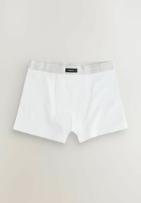 Baltas kokvilnas boksershorts ar pelēku elastīgu jostu, kurā ir melns uzlīme. Gludie diegi un klasiskā piegriezuma dizains.