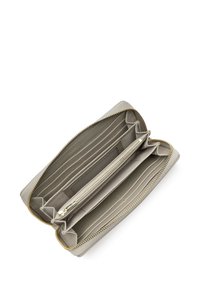 Light gray leather wallet with a zip closure, featuring multiple card slots and a central zippered compartment for coins. Smooth texture.