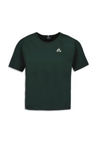 Dark green cotton t-shirt with short sleeves and a crew neckline, featuring a small white embroidered logo on the left chest area.