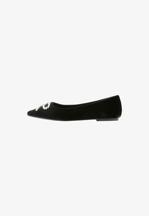 Black velvet flats with a pointed toe, featuring floral embellishments and a low heel. Smooth texture and elegant design details.