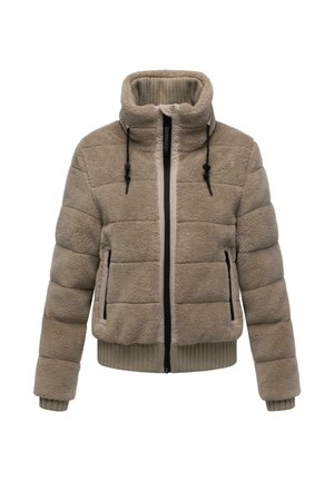 Beige padded fleece jacket with high collar, front zipper, drawstring details, zippered side pockets, and ribbed cuffs and hem.
