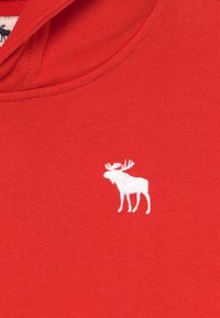 Rode hoodie met een wit geborduurd elandenlogo op de borst. De stof heeft een gladde textuur met een klassiek halsontwerp.