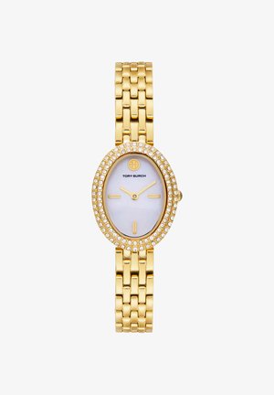 Gold-tone Tory Burch wristwatch with oval mother-of-pearl face, crystal-studded bezel, minimalist gold markers, and linked bracelet band.