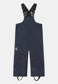 Marineblå overallbukser med justerbare sorte stropper, holdbart stof, forlommer, teksturerede knælapper og logo på siden.