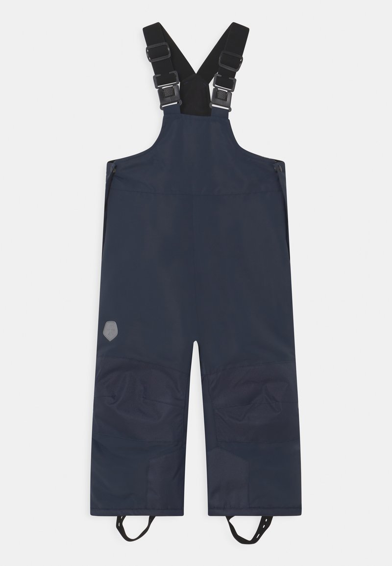 Navy blue overall pants with adjustable black straps, durable fabric, front pockets, textured knee patches, and logo on the side.