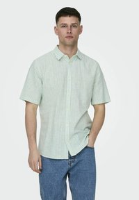 Grün-weiß gestreiftes Kurzarmshirt mit klassischem Kragen, Knopfleiste und lockerer Passform, kombiniert mit blauen Jeans.
