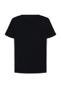 T-shirt nero a maniche corte in cotone, con un design classico a girocollo e una texture liscia e uniforme. Nessun motivo o accentuazione visibile.