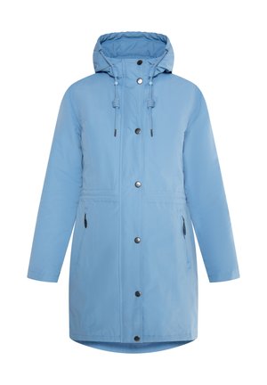 Lyseblå isoleret parka med hætte, snøre, frontlynlås, trykknapper og to sidelommer. Glat tekstur og knælangt design.