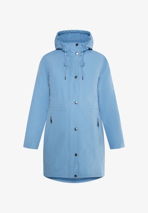 Lyseblå isoleret parka med hætte, snøre, frontlynlås, trykknapper og to sidelommer. Glat tekstur og knælangt design.