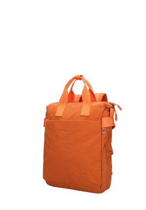 Zaino rettangolare di colore arancione brillante con doppio manico superiore, tasca frontale e comparto principale con zip su sfondo bianco.