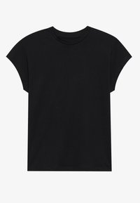 T-shirt noir à manches courtes avec un col rond, fabriqué en coton doux. Présente une coupe ample et décontractée ainsi qu'une texture lisse.