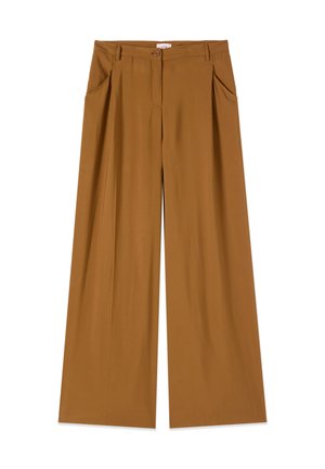 Brune bukser med vide ben med frontknap og lynlås, sidelommer og bæltestropper, vist mod en hvid baggrund.