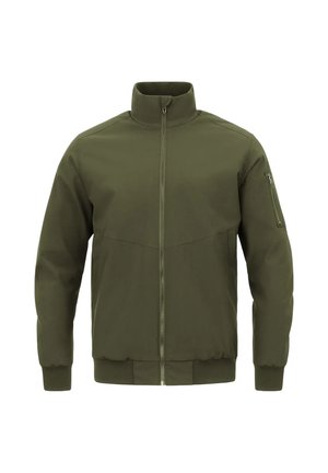 Veste vert olive avec fermeture éclair à l'avant, col montant, manches longues, poignets côtelés et poche zippée sur le bras supérieur gauche.
