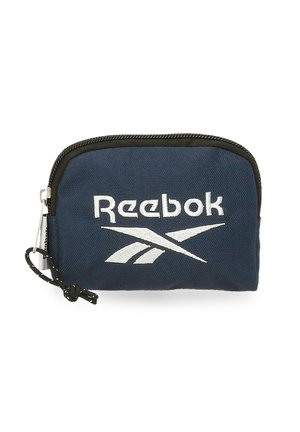 Borsello Reebok blu navy con logo ricamato bianco, cerniera nera e cordoncino di chiusura su sfondo bianco semplice.