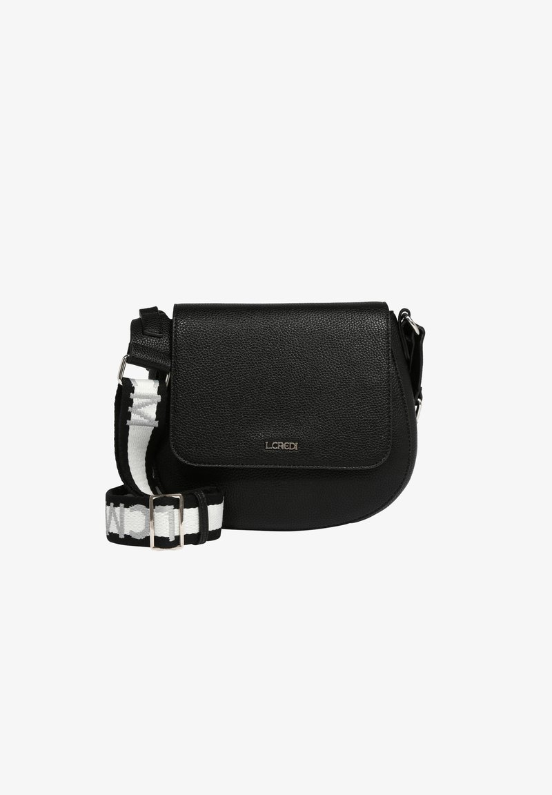 Black leather shoulder bag with a curved shape, features a flap closure, and an adjustable strap with a white and black pattern.