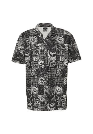 Kurzarm-Hemd mit Knopfverschluss in schwarz und weiß, das aufwendige Muster von Blumen und abstrakten Designs zeigt, aus leichtem Stoff gefertigt.