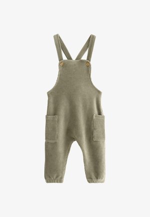 Olijfgroene corduroy baby-overalls met houten knopen, twee voorzakken, elastische boorden en verstelbare schouderbanden.