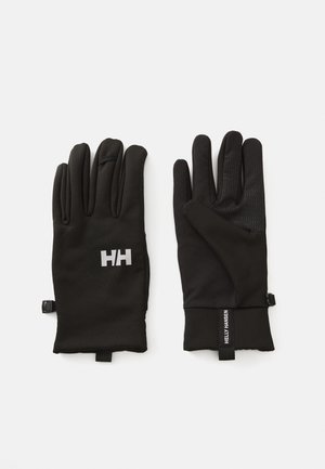 Gants d'hiver noirs en matériau doux, dotés d'une prise texturée sur la paume, d'un logo en relief et d'une fermeture réglable au poignet.