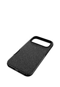 Czarny etui na telefon z fakturowaną powierzchnią z subtelnym wzorem, precyzyjnymi wycięciami na aparat oraz smukłym, eleganckim designem.