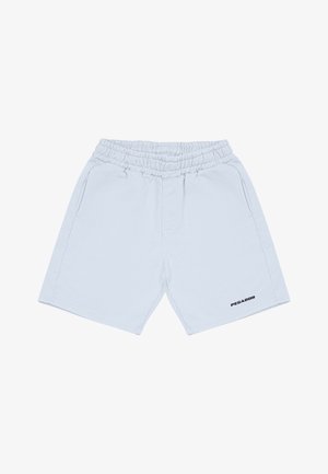 Šviesiai mėlynos medvilninės šortai su elastinga juosta, dviem šoninėmis kišenėmis ir juodu užrašu "PEGADOR" apatinėje kairėje pusėje.