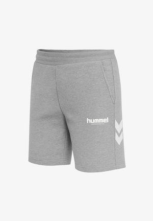 Hellgraue Hummel-Sportshorts mit elastischem Bund, seitlichen Taschen und weißem Logo sowie Chevron-Design am rechten Bein.
