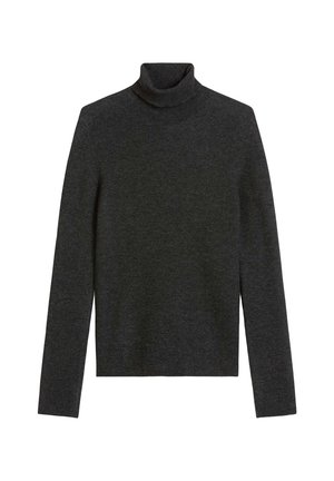 Pull à col roulé gris foncé en tissu côtelé. Manches longues et design ajusté avec un col haut roulé.